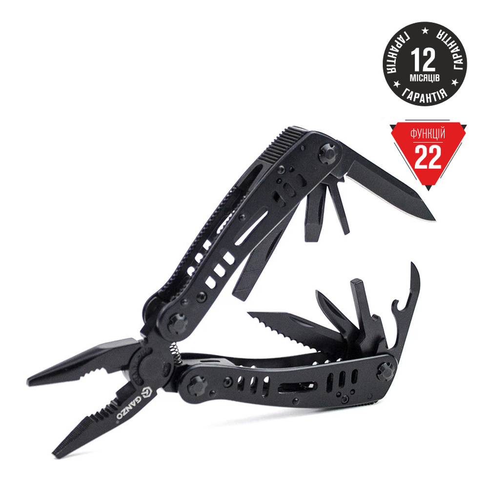 g103-uk Мультитул Ganzo G103, (19.3 см) 22 функції, чорний + біти та чохол - Зображення 1