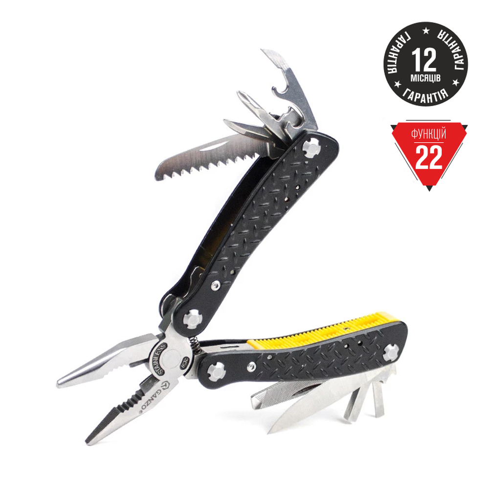 g106-uk Мультитул Ganzo G106, (16.5 см) 22 функції, чорний + біти та чохол - Зображення 1