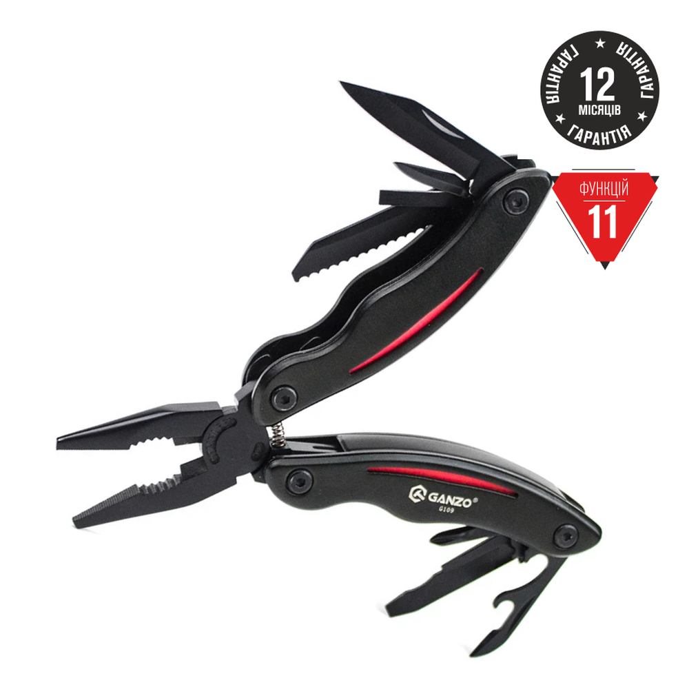g109-uk Мультитул Ganzo G109, (16.5 см) 10 функцій, чорний з червоним + чохол - Зображення 1